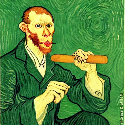 Image similar to rhesus monkey in a lab coat, smoking a cigar, in a green field, van gogh style painting