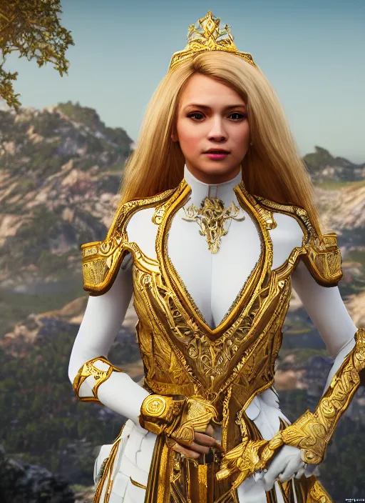 Image similar to a photo of 8 k ultra realistic humanoid princess with long blonde hair, standing next to a beautiful view, ornate white and gold officers outfit, cinematic lighting, trending on artstation, 4 k, hyperrealistic, focused, extreme details, unreal engine 5, cinematic, masterpiece