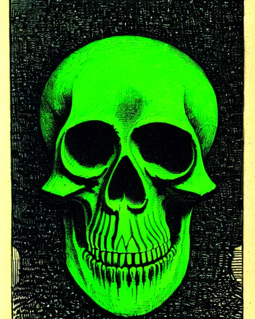 Image similar to illustration of a neon green skull floating over cubes from the dictionarre infernal, etching by louis le breton, 1 8 6 9, 1 2 0 0 dpi scan