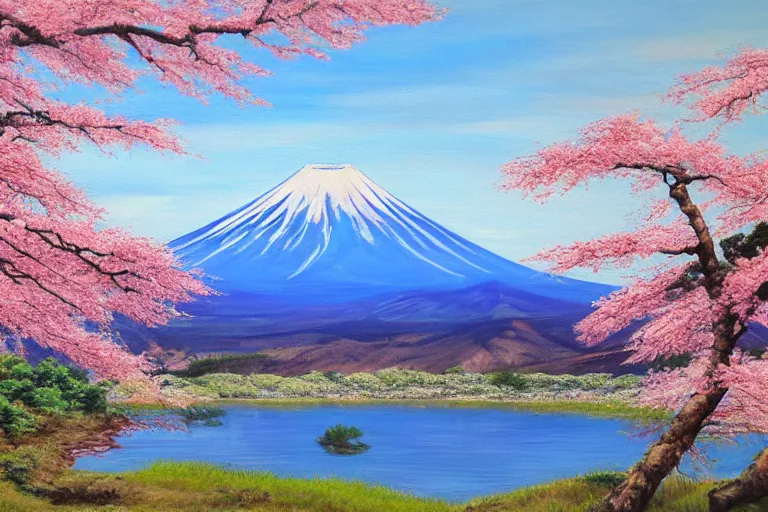 Image similar to mount fuji, view from behind lake, sunny morning, photorealistic landscape, oil on canvas, standing under blossoming cherry trees