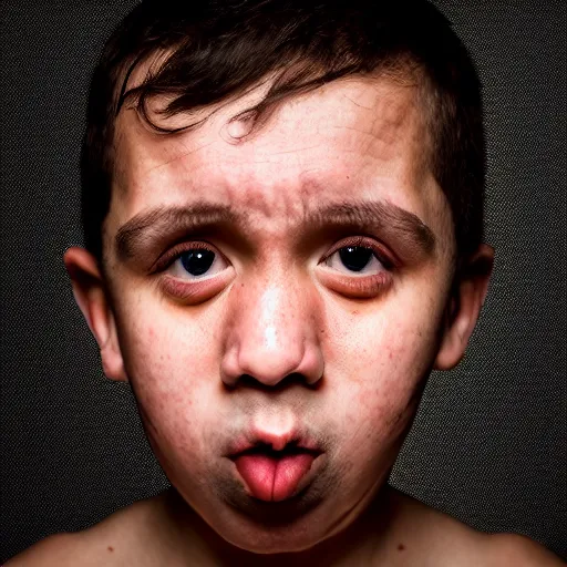 Prompt: portrait of down syndrome paul denino, sharp focus, 4 k editorial photograph, soft lighting, black background