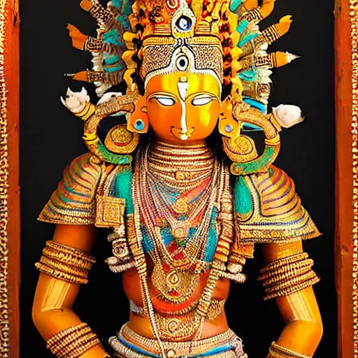 Image similar to a woman wearing an armor and head - dress. the armor and head - dress is made out of the colors, textures and sculptures of the meenakshi temple in madurai. intricate. detailed.