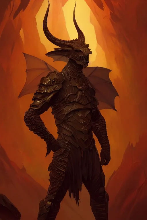 Image similar to full figure beautiful young fit antrophomorphic male dragon, great horns, armored, luminous scene, by greg rutkowski and alphonse mucha, d & d character, gradient yellow to red, in hell, highly detailed portrait, digital painting, artstation, concept art, smooth, sharp focus illustration, artstation hq