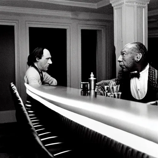 Prompt: Bill Cosby as Lloyd the Bartender in Stanley Kubrick's The Shining, 70mm restoration, Overlook Hotel Bar Room, Mixing Drinks behind bar, wide shot, deep focus, photographed by stanley kubrick