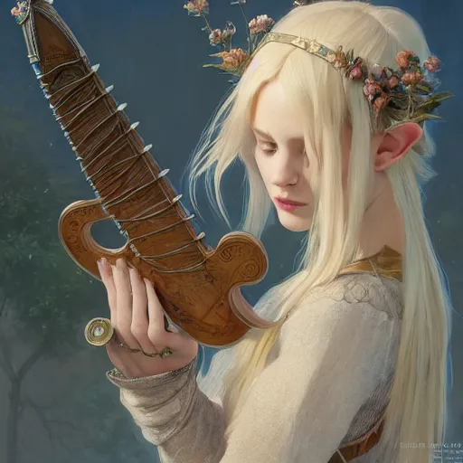 Image similar to elf fairy blond with a beautiful face, holding a lute, wearing a cardigan, highly detailed, intricate, digital painting, artstation, sharp focus, illustration, art by jakub rozalski, greg rutkowski, artgerm, tan zi and ayanamikodon and alphonse mucha and wlop