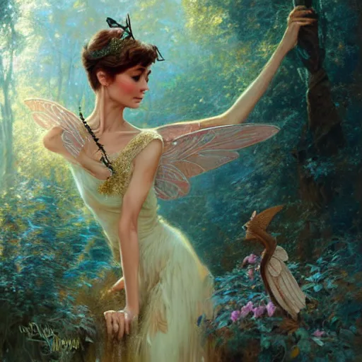 Image similar to audrey hepburn as a winged fairy in a fantasy forest, various backgrounds, highly detailed, digital painting, artstation, matte, illustration, art by gaston bussiere, artgerm, greg rutkowski, tom bagshaw