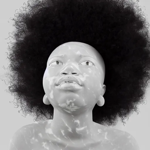 Image similar to a photorealistic all white marble sculpture of a black girl with an afro crying