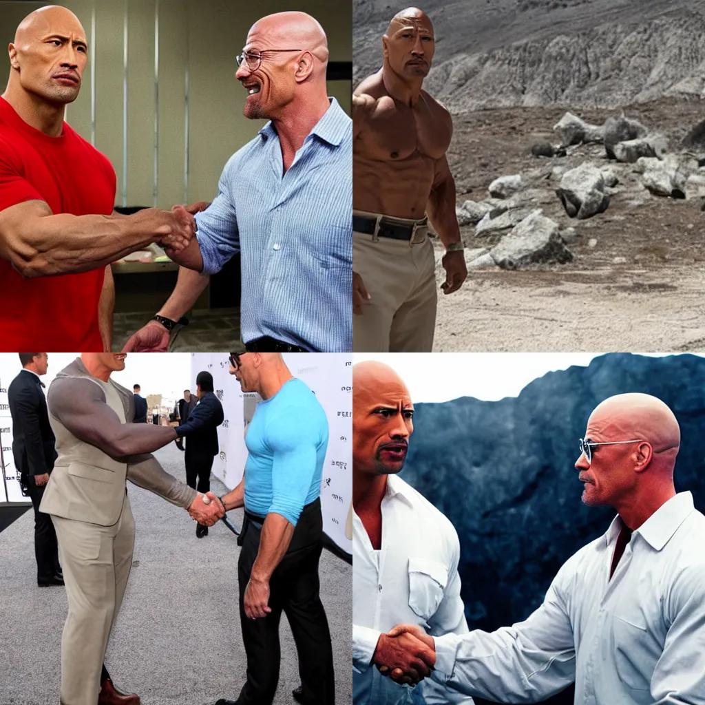 Prompt: dwayne the rock johnson shaking hands with walter white