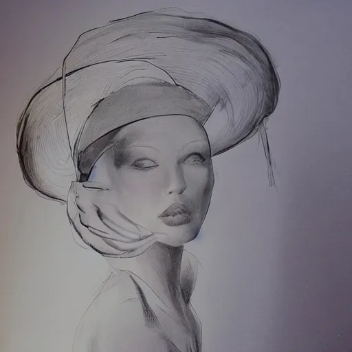 Image similar to drawing portrait of beautiful gorgeous woman with hat by Moebius science fiction