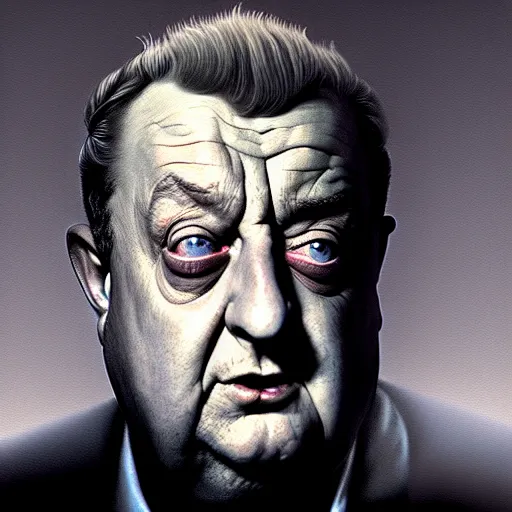 Prompt: a portrait of rodney dangerfield, hyper realistic, octane render, by barlowe. masterpiece portrait painting. dark, moody,, abstract brush strokes,.