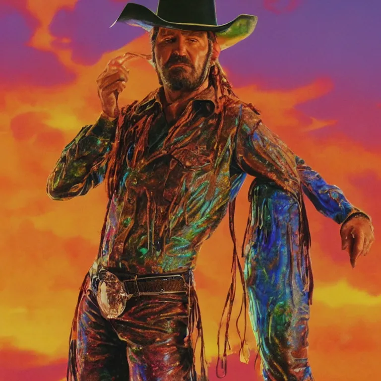 Image similar to 1 9 7 0's spaghetti western film octane render portrait by wayne barlow and carlo crivelli and glenn fabry, a person wearing a shiny colorful iridescent latex suit and cowboy hat covered in colorful slime, standing in a colorful scenic western landscape with multicolored clouds, cinema 4 d, ray traced lighting, very short depth of field, bokeh