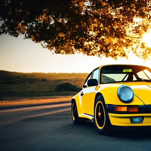 Prompt: an attractive young women driving a yellow 1 9 8 5 porsche 9 1 1 turbo, sunset, 4 k
