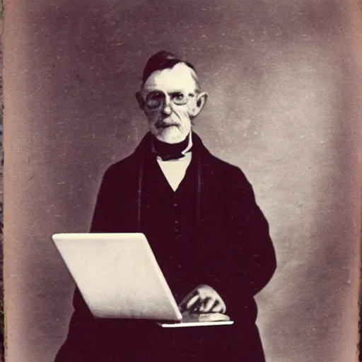 Image similar to old polaroid depicting a scientist from the 1 9 th century holding a modern day laptop