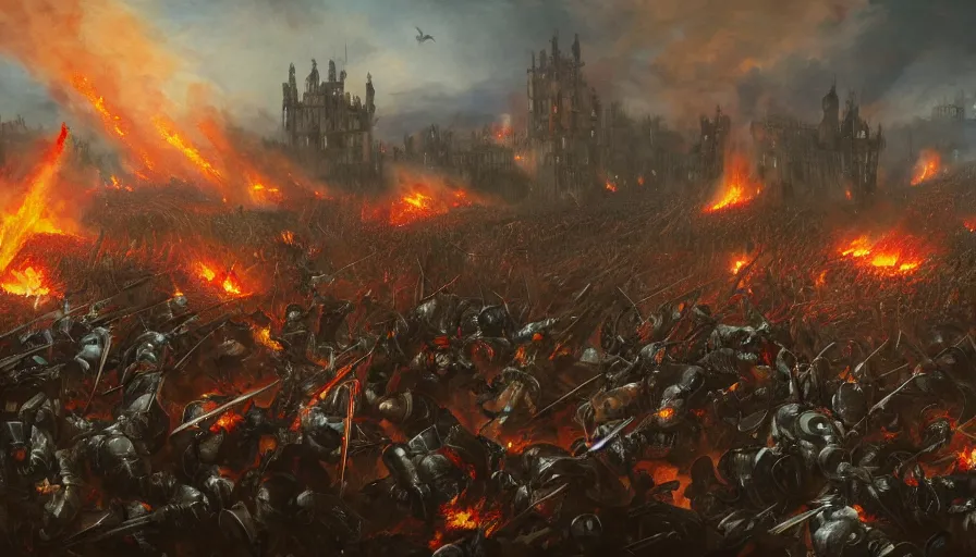 Image similar to 1 7 0 0's painting of huge war between knights and zombies in england, burning castle, hyperdetailed, artstation, cgsociety, 8 k