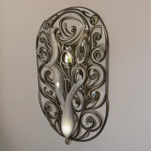 Image similar to wide symmetrical art nouveau wall light with filigree faberge orchid betta spiral mushrooms forest organic natural forms designed by giger, white 3 d print, 8 k, octane render