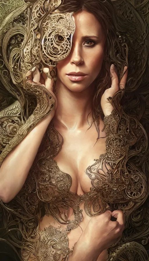 Prompt: jennifer love hewitt, acotar, fibonacci, sweat drops, intricate fashion clothing, insane, intricate, highly detailed, surrealistic, digital painting, artstation, concept art, smooth, sharp focus, illustration, unreal engine 5, 8 k, art by artgerm and greg rutkowski and alphonse mucha