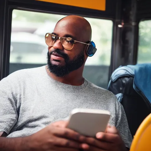 Image similar to portrait of a bald 👨🏾‍🦲 with a goatee, wearing headphones and scrolling social media on the bus