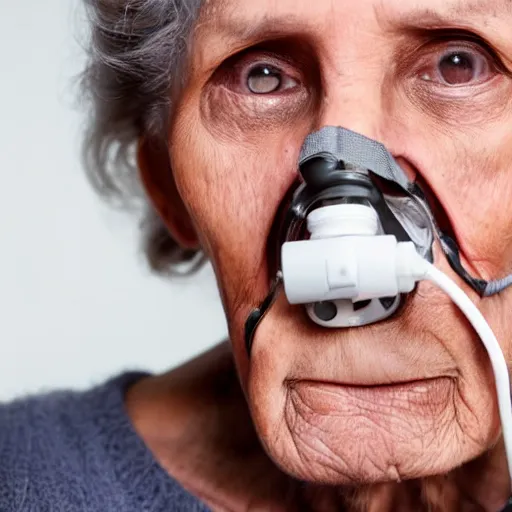 Image similar to an old woman with oxygen line connected to her nose