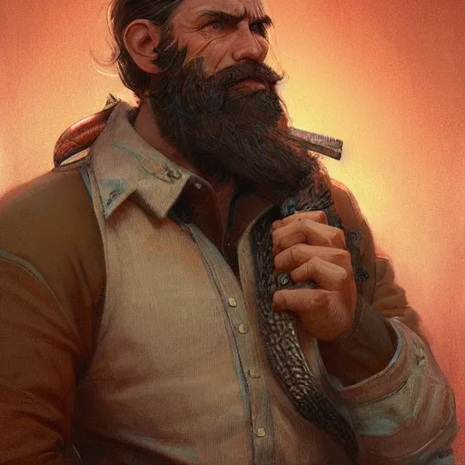 Image similar to rugged bearded cowboy, painted character portrait, highly detailed, digital painting, artstation, concept art, sharp focus, illustration, art by artgerm and greg rutkowski and alphonse mucha