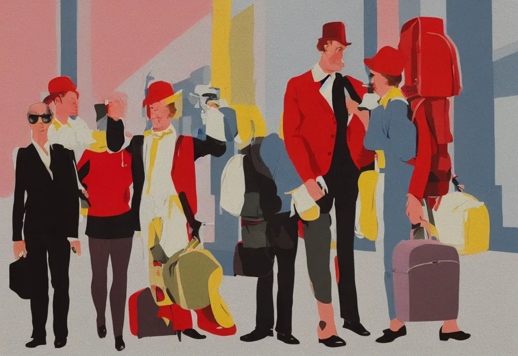 Image similar to full body portrait of a trio of european tourists getting off a tour bus for sightseeing, character designs painting, in the style of wes anderson, rene magritte, lola dupre, isolated on white background, dark monochrome neon spraypaint accents volumetric octane render