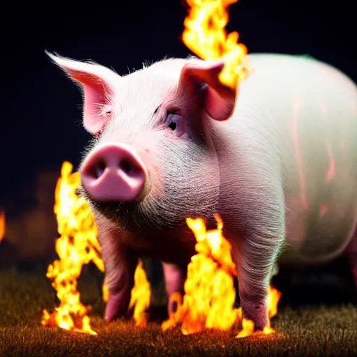 Image similar to Live Action Still of an isolated pig blowing fire fire, real life, hyperrealistic, ultra realistic, realistic, highly detailed, epic, HD quality, 8k resolution, body and headshot, Exquisite detail, post-processing, masterpiece, Cinematic Lighting, Unreal Engine, 8k, HD, white background