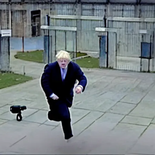 Prompt: Boris Johnson escaping from prison, security camera footage