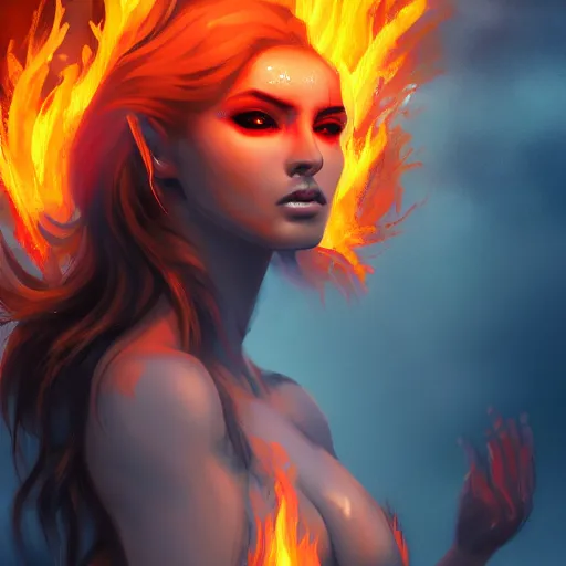 Image similar to Hot fire goddess, skin of flames, body made of fire, rampaging, stormy background, forest fire, breathing fire, fire in hand, concept art, tiny person watching, artstation, 4k