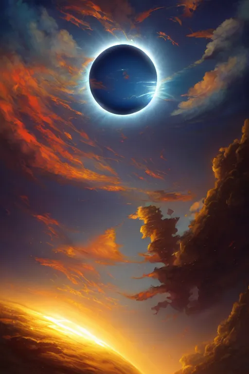 Prompt: a very beautiful solar eclipse, beautiful sky, vibrant colors, ( ( ( koi colors ) ) ), octane render, jesper ejsing, james jean, justin gerard, tomasz alen kopera, cgsociety, fenghua zhong, makoto shinkai, highly detailed, rim light, art, cinematic lighting, very coherent, hyper realism, 8 k