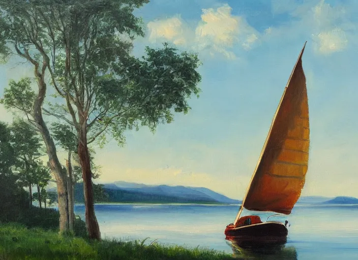 Prompt: yacht at a lake near the shore with tree hills, oil painting, detailed