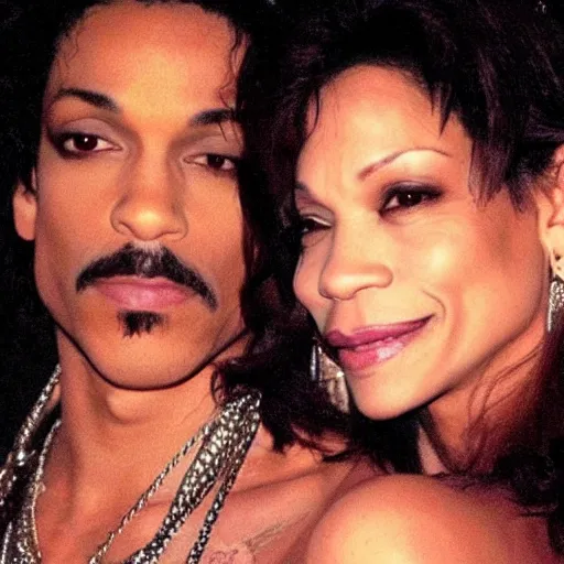 Image similar to a photo of prince looking at mayte garcia in low light. it's so dark, you can barely make out their features.