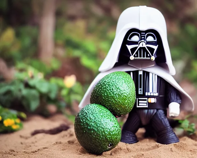 Image similar to 8 5 mm photography of darth vader in an avocado costume near a garden with sand with dof and bokeh and flowers