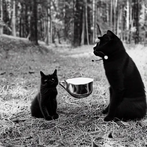 Image similar to vintage photograph of a golden retriever and a black kitty having a tea party in the forest