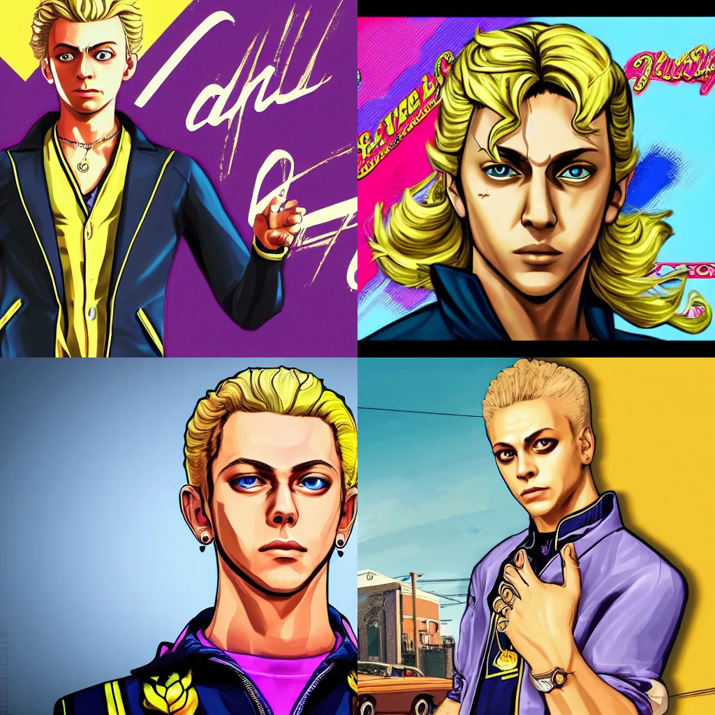 Prompt: giorno giovanna in the gta v loading screen, masterpiece, 8 k, 4 k, art by stephen bliss