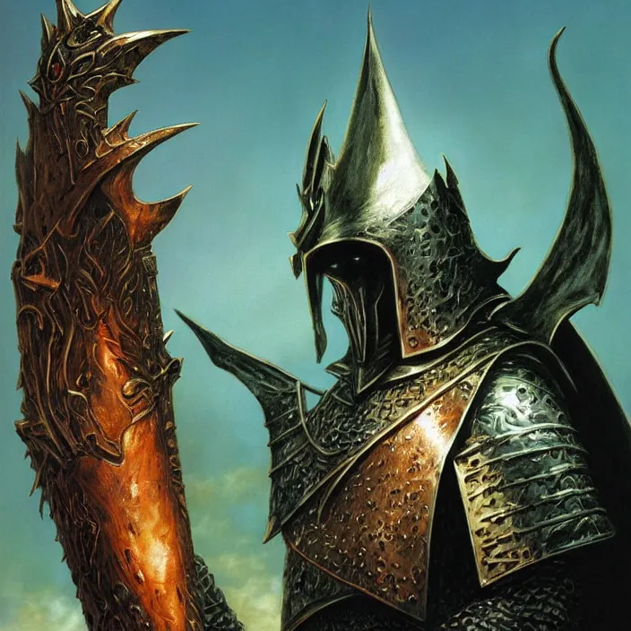 Image similar to the witch king of angmar in copper armor, by michael whelan, front profile, fantasy art