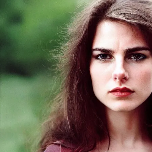 Prompt: a portrait photo of 20 year old female tom cruise, with a sad expression, looking forward