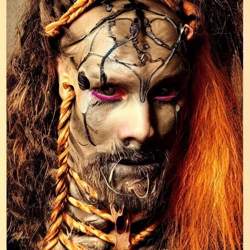 Image similar to portrait of a Shibari rope wrapped face and neck, headshot, insanely nice professional hair style, dramatic hair color, face paint half and half, digital painting, of a old 15th century, old cyborg merchant, amber jewels, baroque, ornate clothing, scifi, realistic, hyperdetailed, chiaroscuro, concept art, art by Franz Hals and Jon Foster and Ayami Kojima and Amano and Karol Bak,