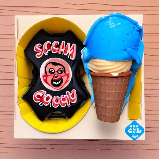 Image similar to screaming chucky doll ice cream box logo