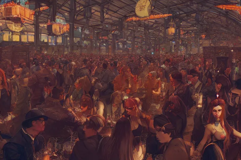 Image similar to crowded cyberpunk oktoberfest beer hall, several pretty women, by BROM, by Greg Rutkowski, by Milo Manara, 3d scene, render, ultra realistic, artstation, cgsociety, level design, unreal engine, 3d scene, zenith view