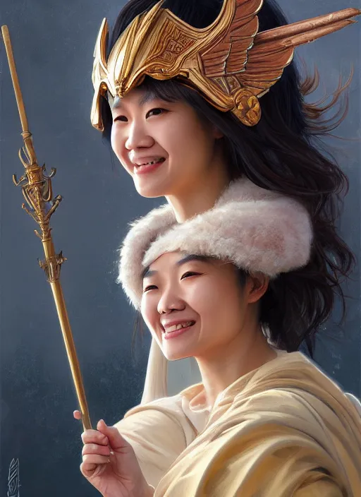 Image similar to Close-up portrait of smiling young asian woman wearing a winged helmet and a robe, holding a magic staff, portrait, highly detailed, digital painting, artstation, concept art, sharp focus, illustration, art by artgerm and greg rutkowski and alphonse mucha