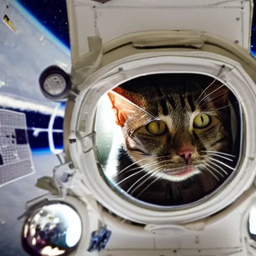 Image similar to Photo of a cat floating inside the ISS, realistic award-winning