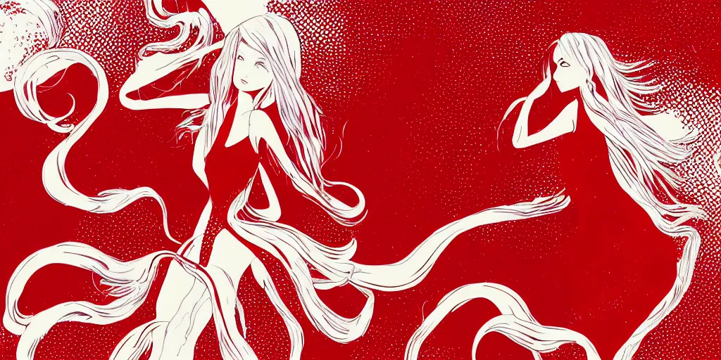 Image similar to a 2 meter woman white skin red dress standing in the middle of the image, gradient background, behance illustration, vector drawing, art by gibli studios, anime, tentacles wallpaper, sun, water splashed, high detailed, sharp focus, blue