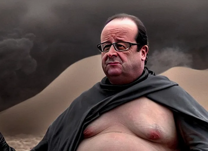 Prompt: François Hollande as baron harkonnen in a black oil bath in a still from the film Dune (2021)