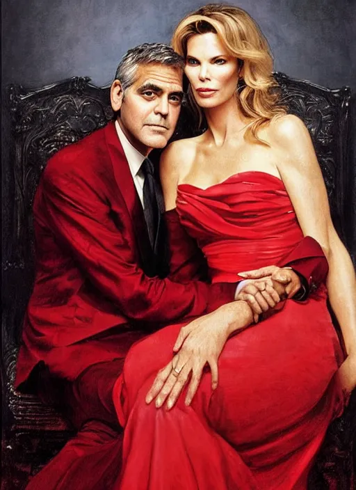 Prompt: george clooney wearing a formal black suit and kim basinger wearing a red dress in love sitting side by side, highly detailed, focus stacked, rembrandt lighting, candid portrait, art by artgerm and greg rutkowski and alphonse mucha, oil painting