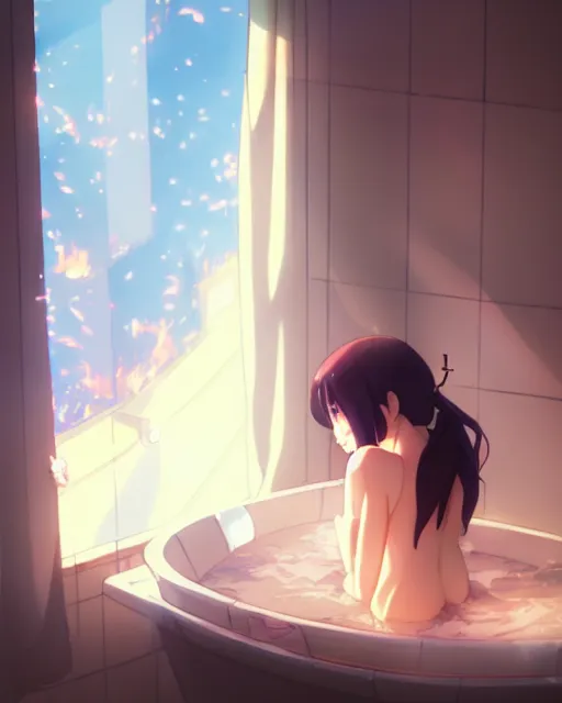 Prompt: a beautiful photo of a girl sitting in a bath robe watching the world outside her window burn ， by makoto shinkai an krenz cushart
