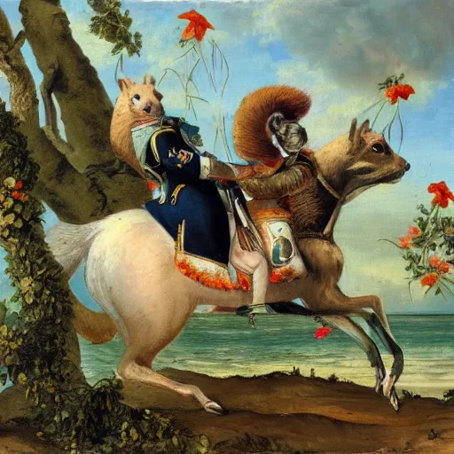 Image similar to a giant squirrel carrying napoleon bonaparte on its back, beach scene with flowers and foliage, detailed oil painting