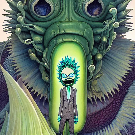 Prompt: pickle rick sanchez portrait by gaston bussierre and charles vess and james jean and erik jones and rhads, inspired by ghost in the shell, beautiful fine face features, intricate high details, sharp, ultradetailed