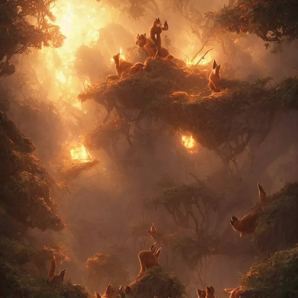 Prompt: many cute fluffy caracals, fire, magic, fantasy epic legends stylized digital illustration radiating a glowing aura global illumination ray tracing hdr fanart arstation, 8 k, art by greg rutkowski