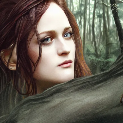 Image similar to full figure ultra realistic illustration, evan rachel wood in a forest wearing a dystopian black dress, brown flowy hair with tints of red, edo japan, intricate, elegant, highly detailed, digital painting, artstation, concept art, smooth, sharp focus, illustration, art by artgerm and greg rutkowski and alphonse mucha