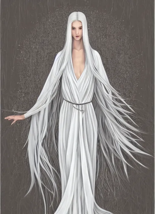 Image similar to tall thin beautiful goddess, pale wan female angel, long flowing silver hair covering her whole body, beautiful painting, young wan angel, flowing silver hair, flowing white robes, flowing hair covering front of body, white robe, white dress of silver hair, covered, clothed, aesthetic, mystery