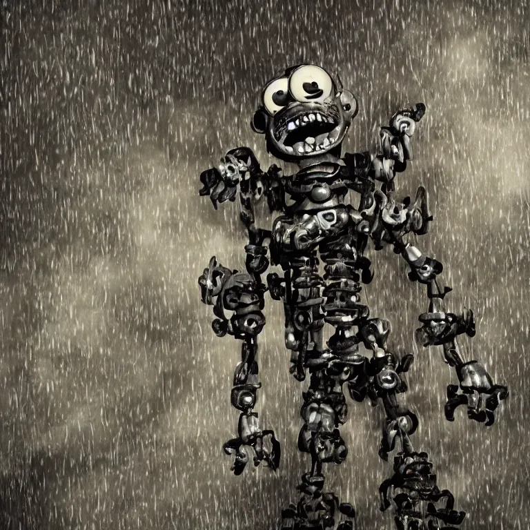 Image similar to photograph of a stylized worn down and broken endoskeleton that has been built by scott cawthon and chuck e cheese, rain, dense fog, alleyway, volumetric lighting, f 8 aperture, cinematic eastman 5 3 8 4 film